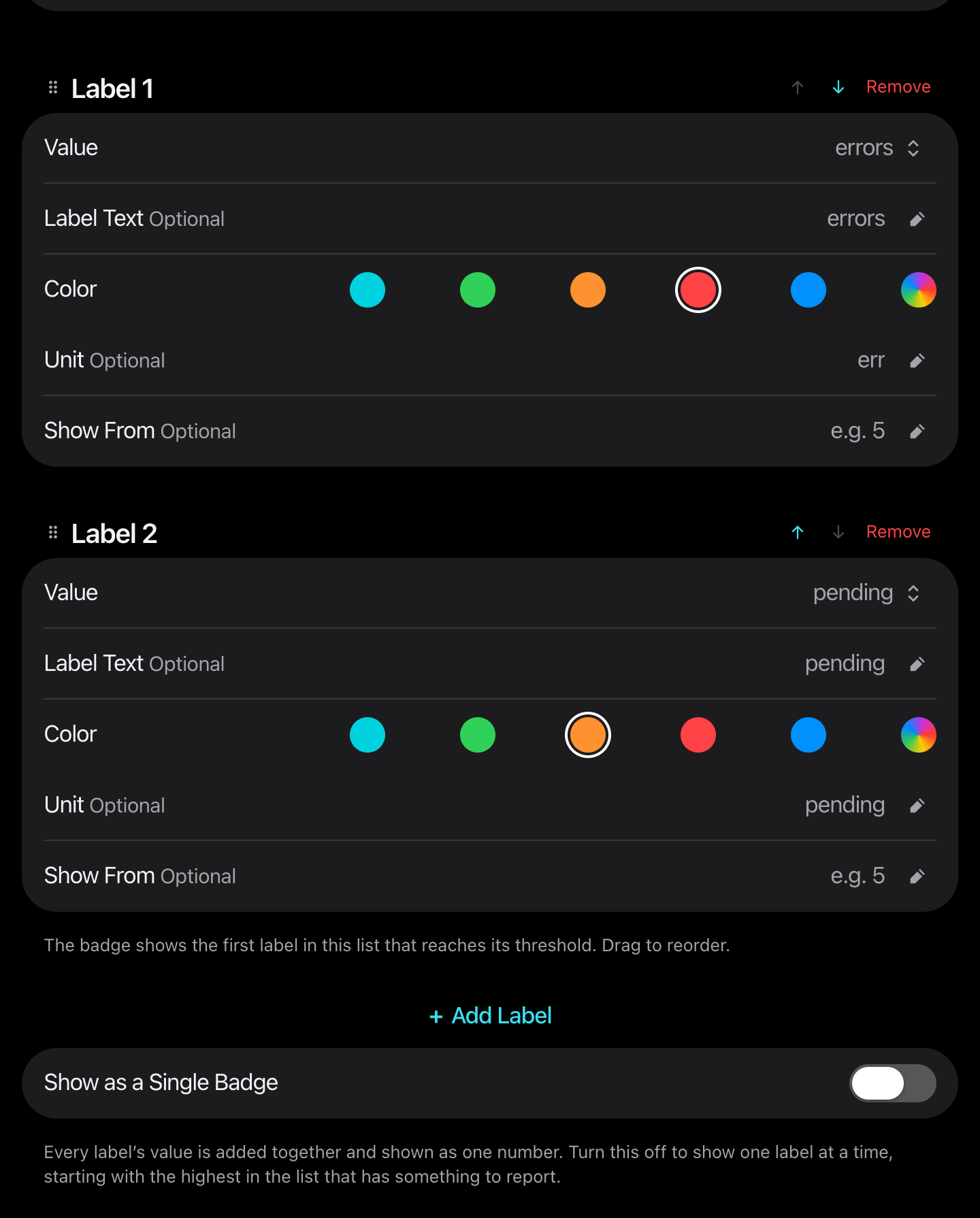 Two labels, each with Value, Label Text, Color, Unit and Show From